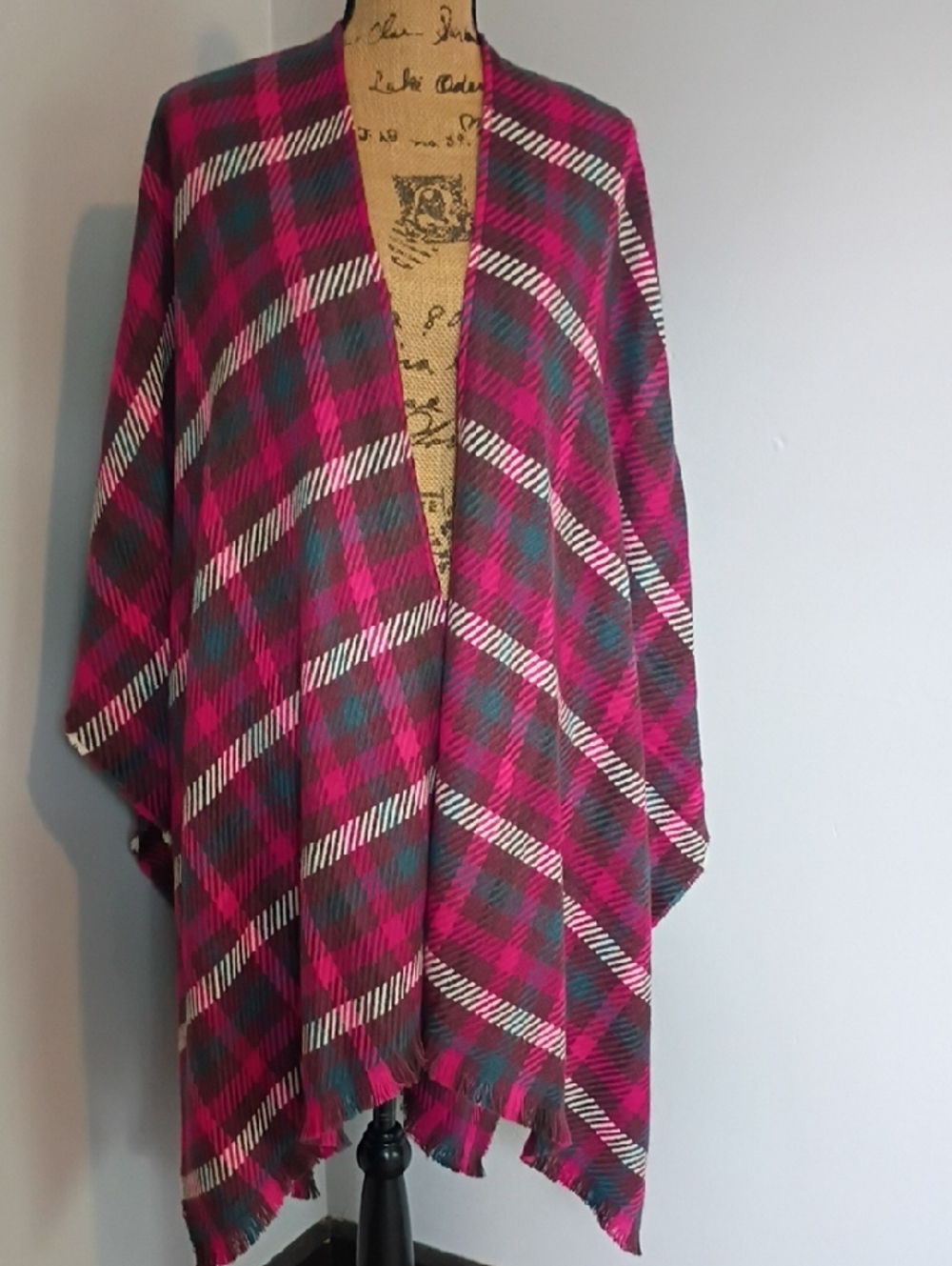 CAbi Magenta and Teal Plaid Open-Front Knit Poncho